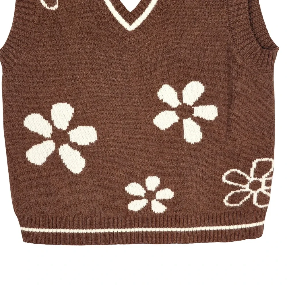 Hazel Moon Girls Knit‎ Sweater Crop Vest M Brown Flower Kids Trendy Autumn Fall